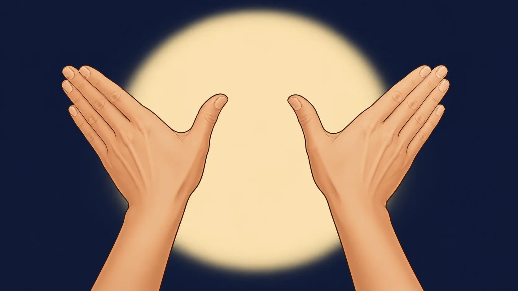 Two open hands with grouped fingers and thumbs extended inward, ready to begin the bat shadow.