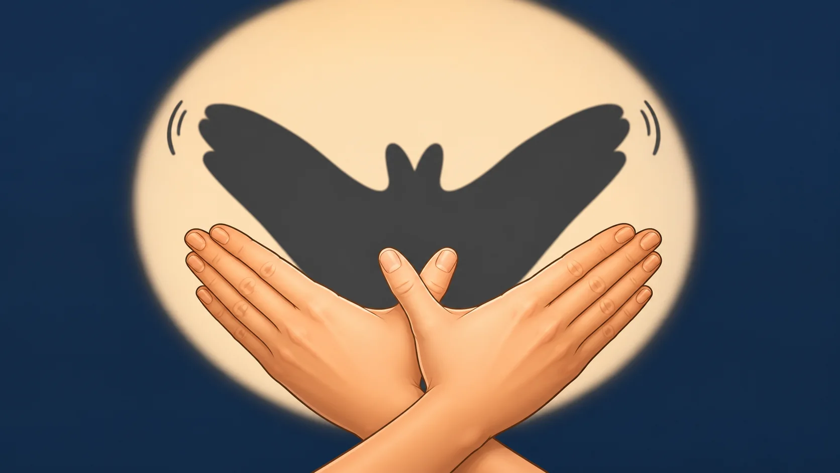 The finished two-hand bat pose casting a broad-winged bat shadow with gentle flapping motion.